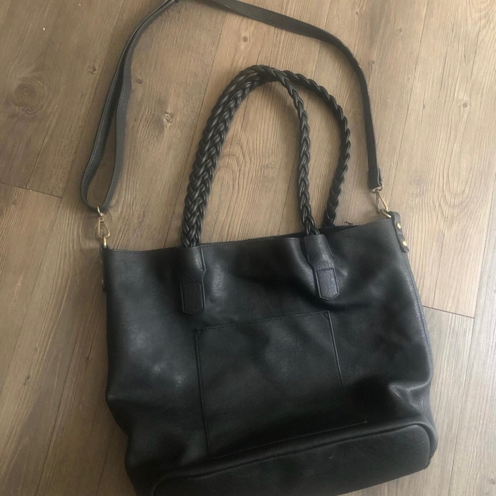 Black Women’s Leather Tote Bag with Braided Handles